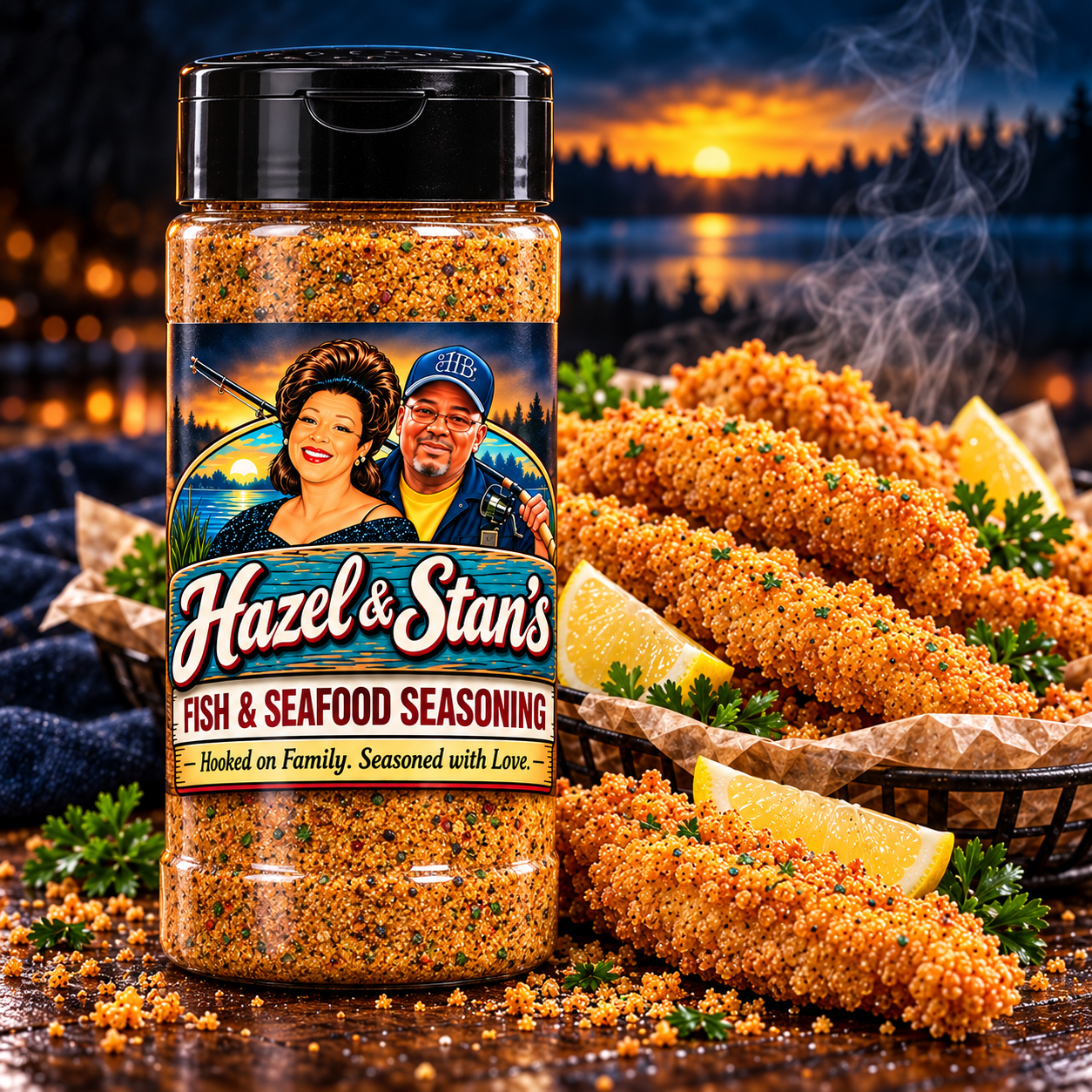 Hazel and Stan's Fish and Seafood Seasoning bottle with fried fish