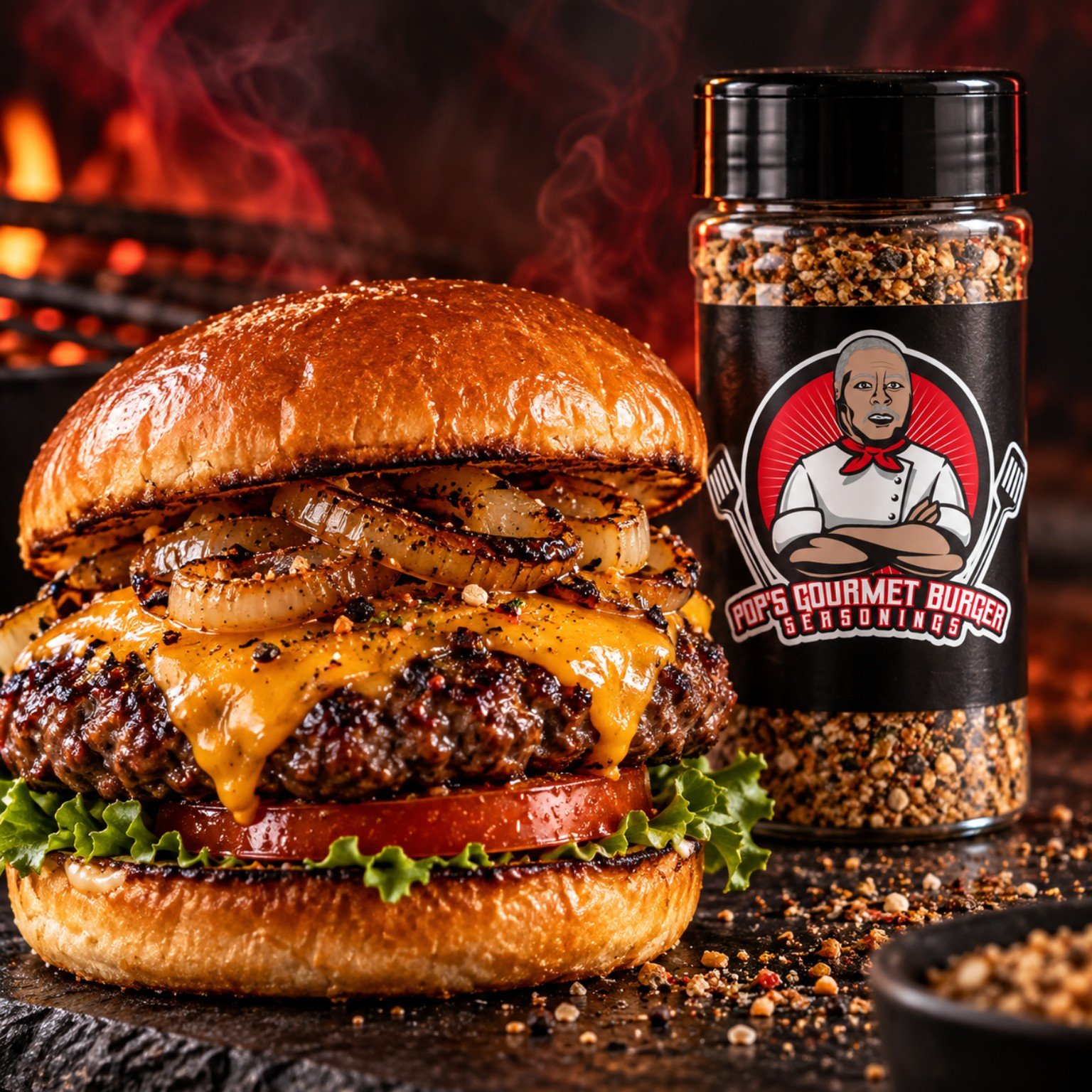 Grilled burger with Pop's Gourmet Burger Seasonings