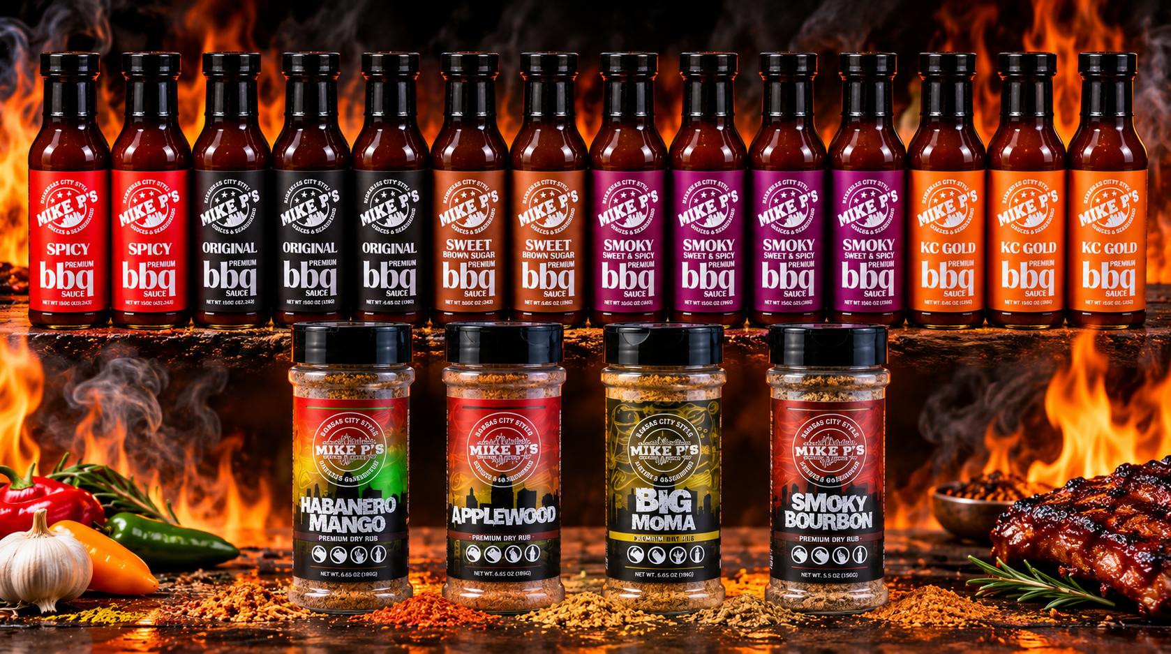 Mike P's sauces and four seasoning bottles with flames