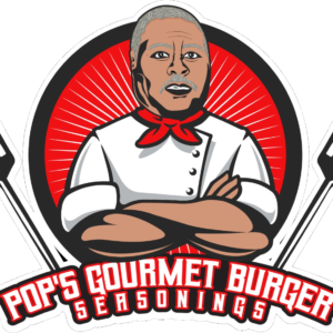 Pop's Gourmet Burger Seasonings original logo with chef portrait and crossed spatulas